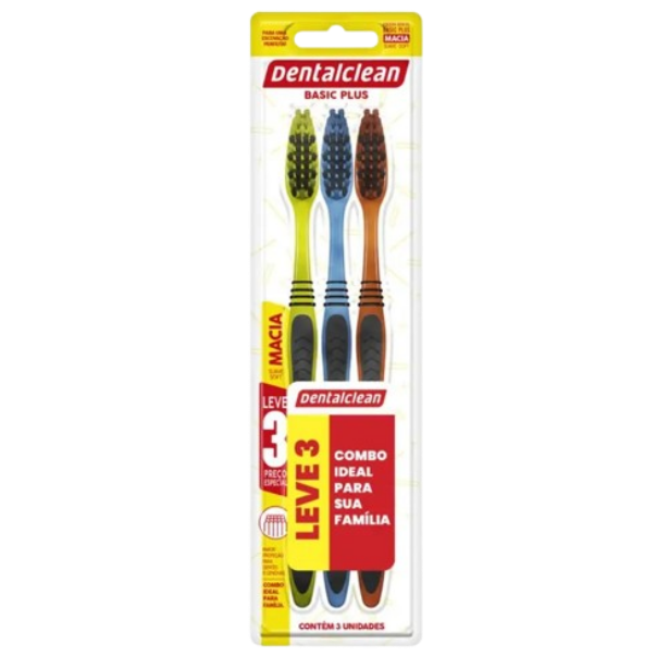 Kit Escova Dental Dentalclean - Basic Plus Macia 3 Unid. Cores Diversas